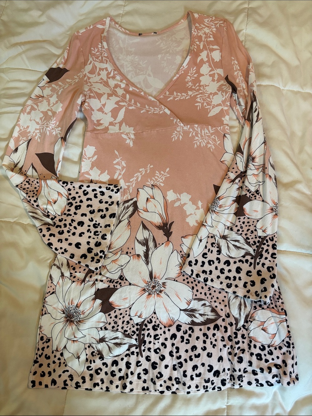 Floral V-Neck Pink Long-Sleeve Women’s Dress